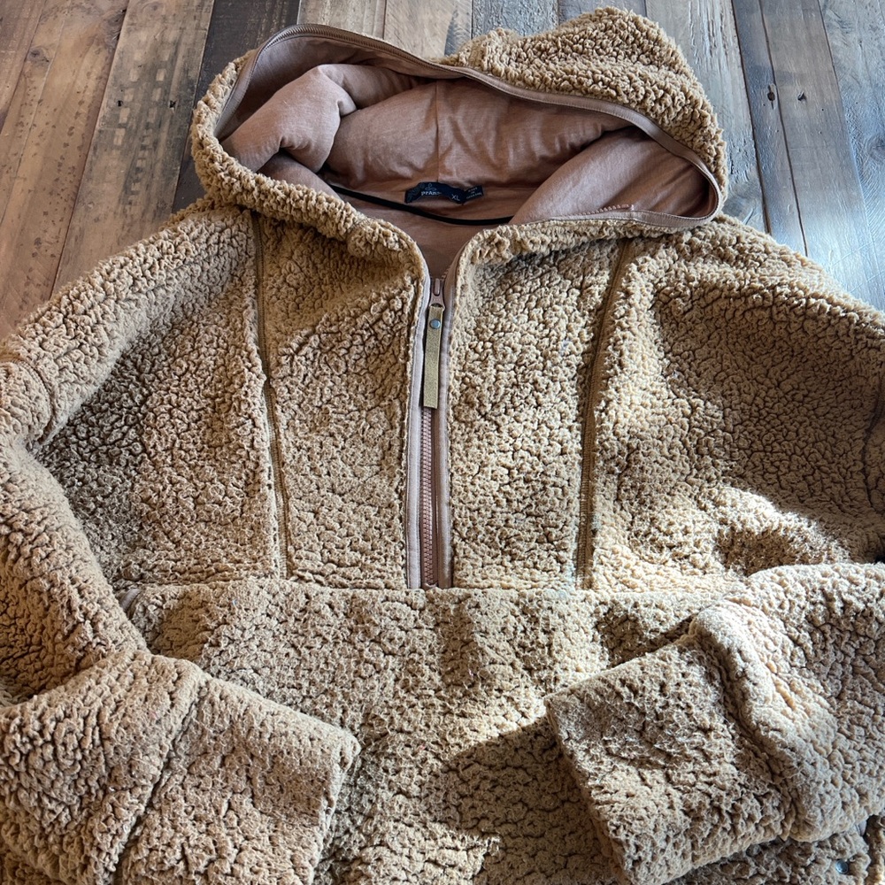 Prana Teddy Fleece Quarter Zip Anorak Oversized XL Womens Gold Tan EUC WARM COZY